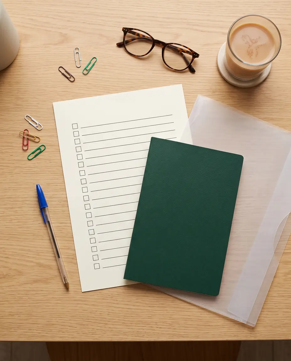 A desk with a document checklist and a green booklet