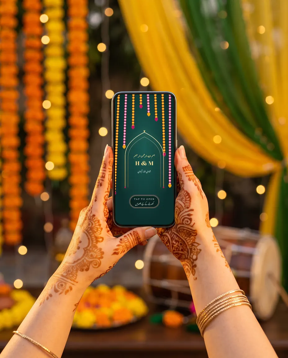 A shaadi web invite on a phone held in hennaed hands